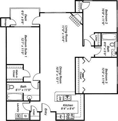Floor plan for 3 beds, 2 baths, 1311 sqft